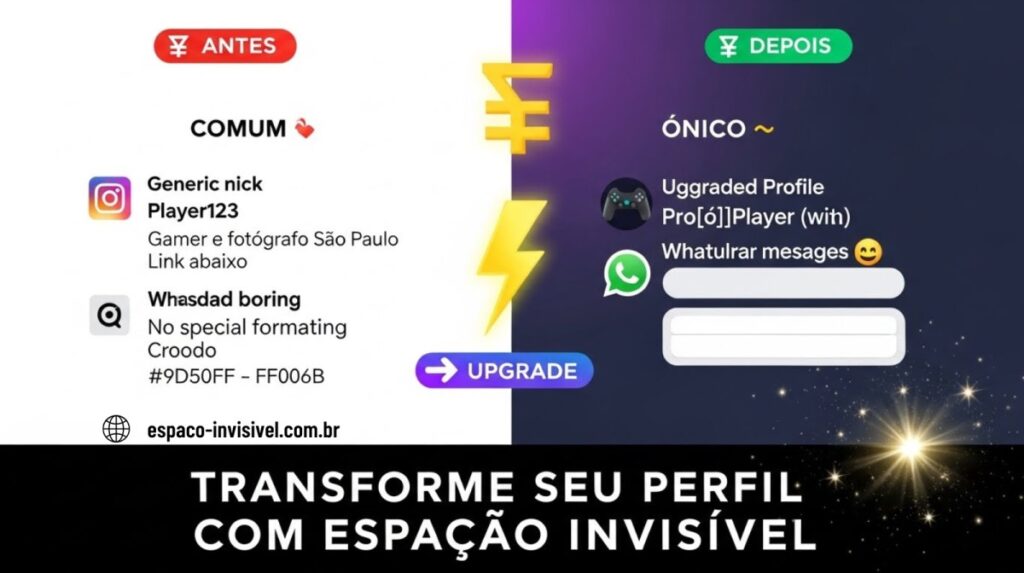 comparação antes e depois de usar espaço invisível em perfis e nicks