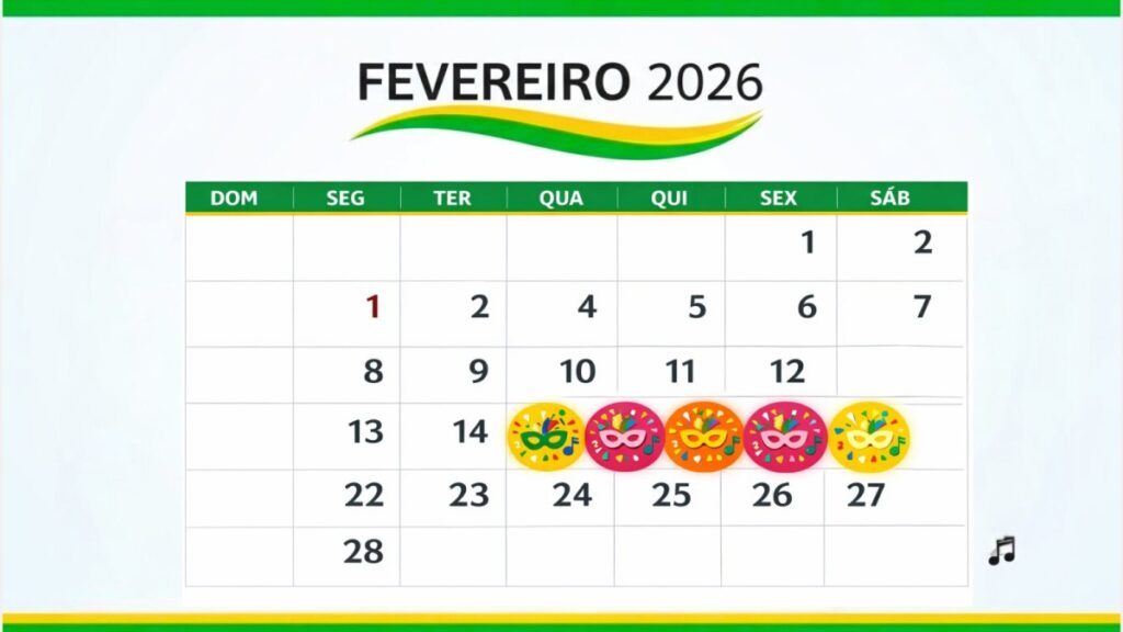 Calendário do Carnaval 2026 - datas de 14 a 17 de fevereiro