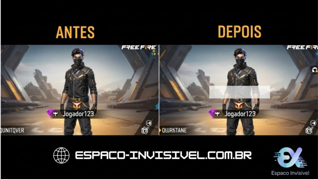 Comparação de nick normal vs nick invisível no Free Fire
