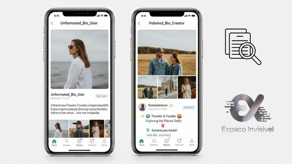 Exemplo de bio do Instagram antes e depois da formatação com caracteres especiais