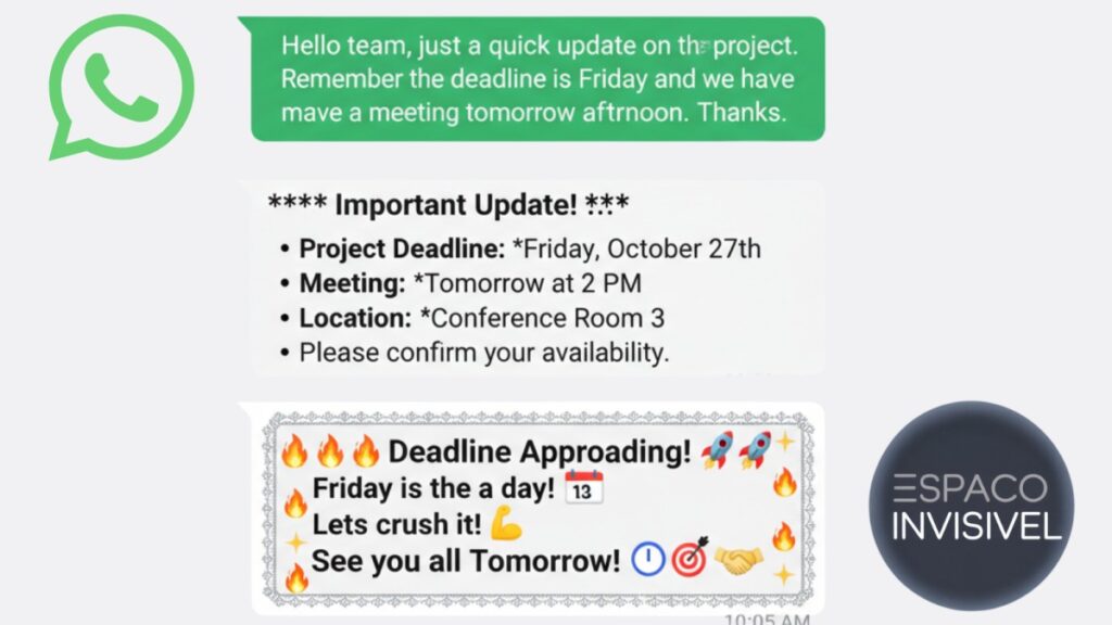 Exemplos de mensagens formatadas vs não formatadas no WhatsApp para grupos de Carnaval